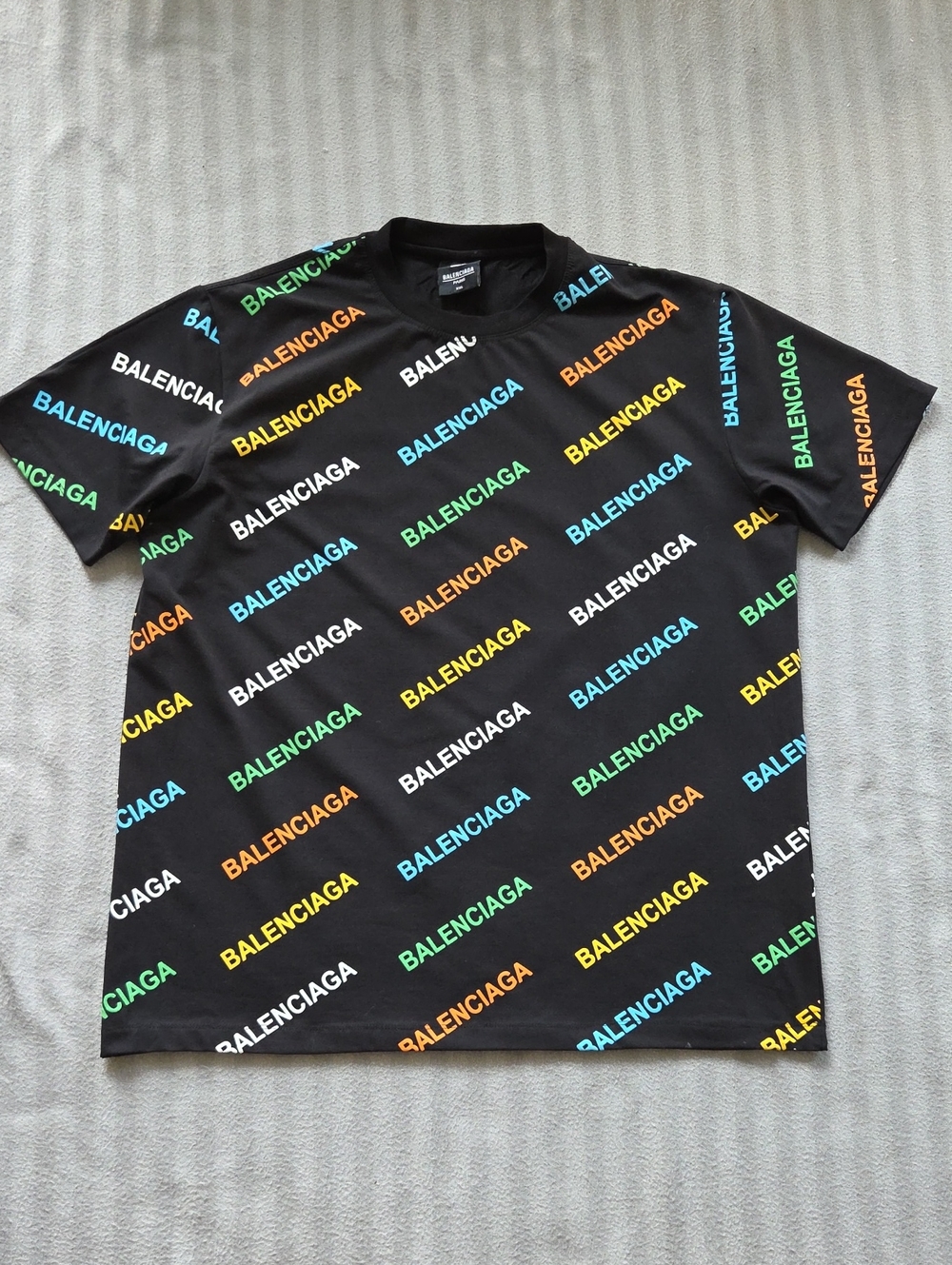 Balenciaga Black Tee with Multicolor Diagonal Logo Print